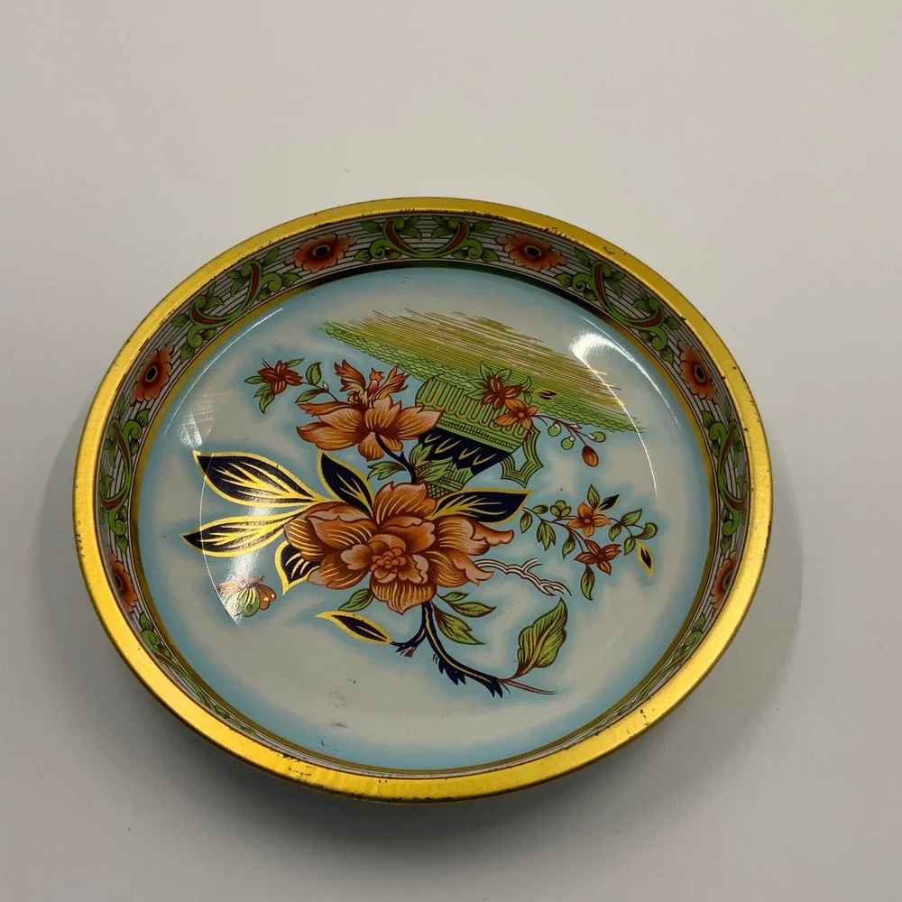 Vintage Daher Decorated Ware Tin Plate Floral Butterfly Gold Rim Made in England